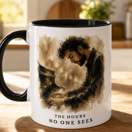 Close-up of The Hours No One Sees piano mug featuring expressive sepia-toned artwork of a pianist at the piano with a black handle and interior.