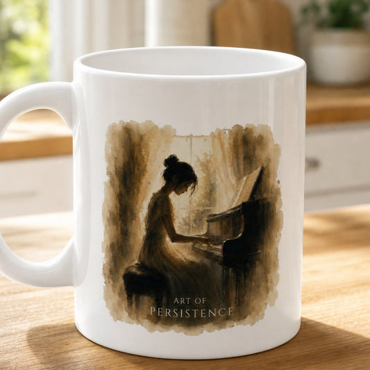 Close-up of The Quiet Hours piano mug featuring warm painterly artwork of a pianist quietly practising at the piano.
