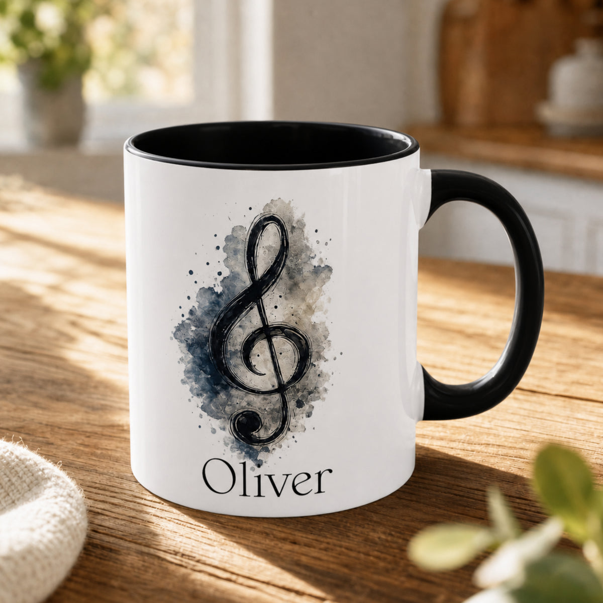 Personalised Treble Adventures piano mug with black handle featuring a blue-grey painterly treble clef and custom name