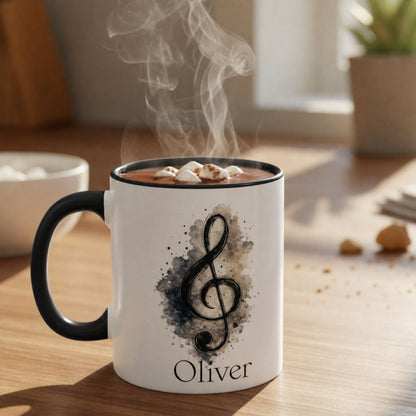 Personalised Treble Adventures piano mug with black handle and custom name filled with a steaming hot drink