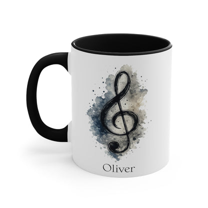 Left side view of the personalised Treble Adventures piano mug with black handle, painterly treble clef and custom name