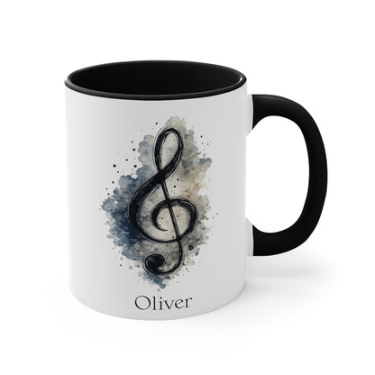 Right side view of the personalised Treble Adventures piano mug with black handle, painterly treble clef and custom name