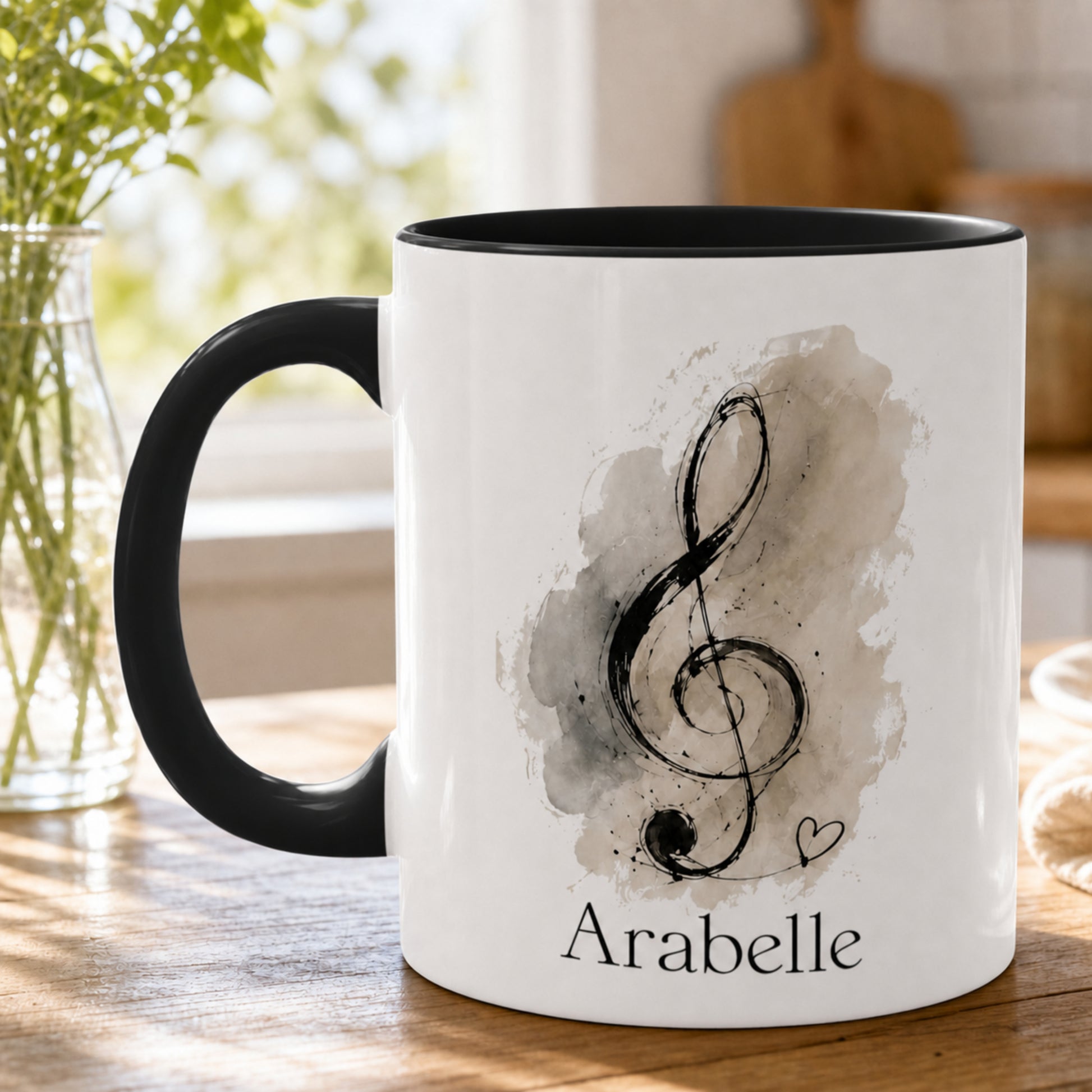 Close-up of the Treble Dreams personalised piano mug featuring expressive treble clef artwork with a custom student name.
