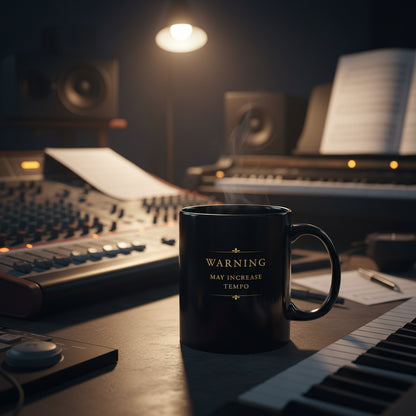 Warning May Increase Tempo black piano mug beside a keyboard in a music studio