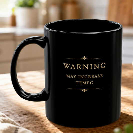 Warning May Increase Tempo black piano coffee mug on a warm wooden table