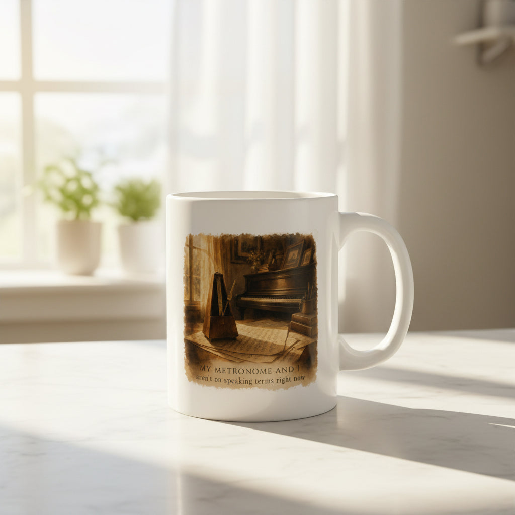 A Question of Time piano mug on a bright kitchen bench with soft morning light, featuring a vintage metronome and piano artwork.
