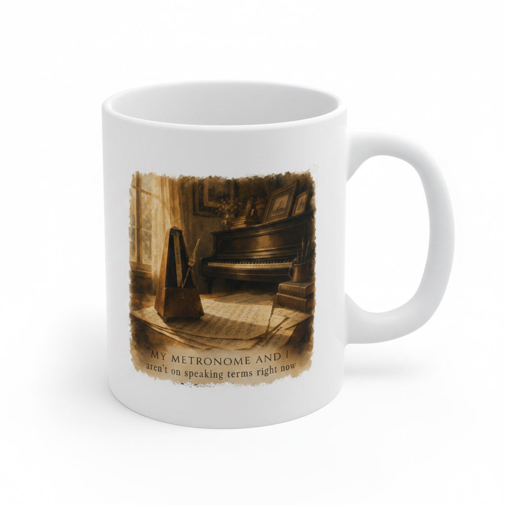 Right view of the A Question of Time piano mug displaying the full artwork and handle.