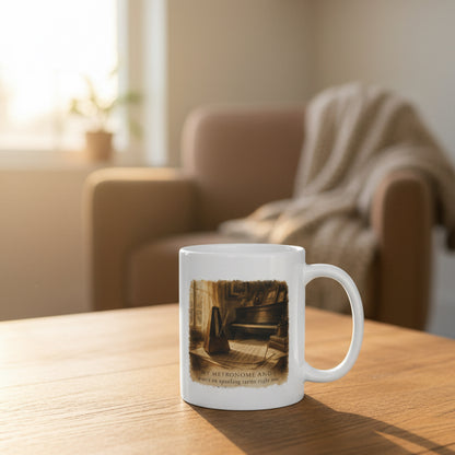 A Question of Time piano mug on a coffee table in a cosy living room, highlighting the vintage piano and metronome illustration.
