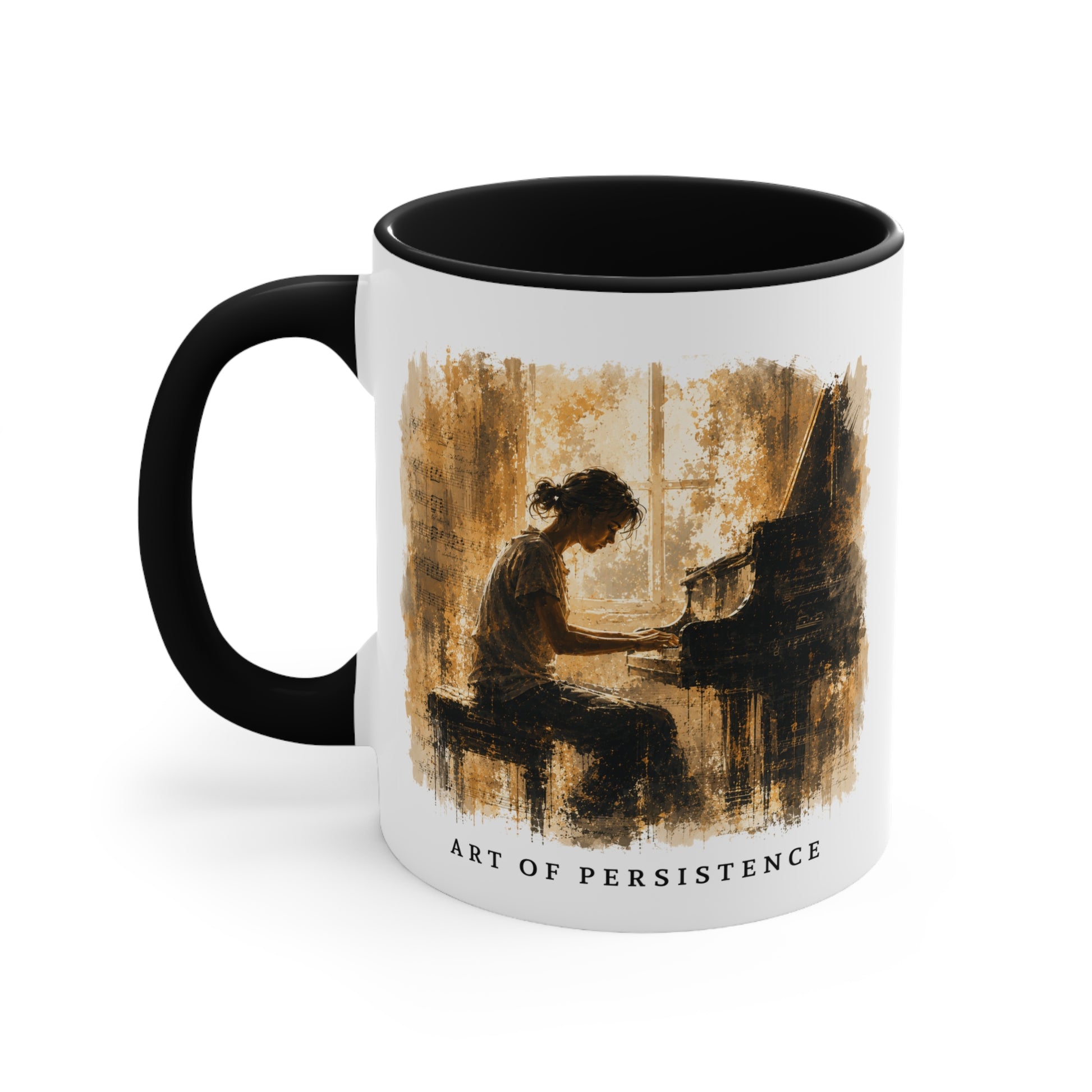 Left-side view of the Art of Becoming piano mug featuring painterly piano artwork.