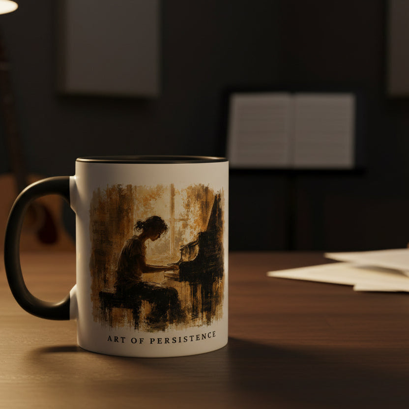 Art of Becoming piano mug styled on a desk in a softly lit music room.
