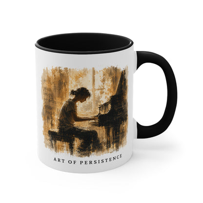Right-side view of the Art of Becoming piano mug featuring painterly piano artwork.