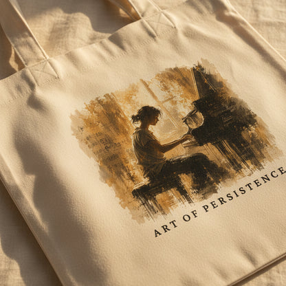 Close-up of the Art of Becoming artwork printed on a cream canvas piano tote bag in warm natural light.