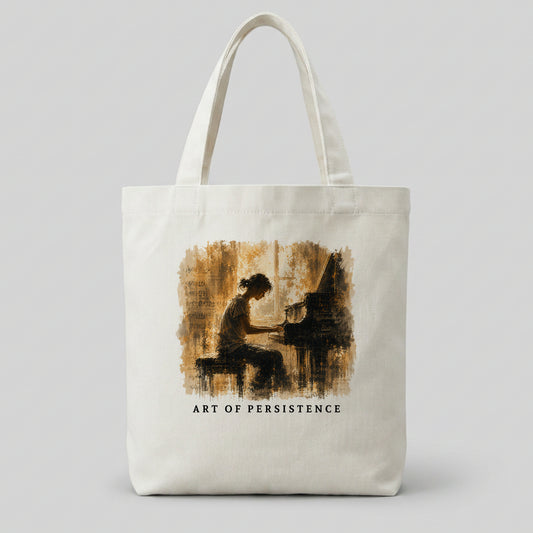 Cream canvas piano tote bag featuring the Art of Becoming artwork for piano students and music lovers.