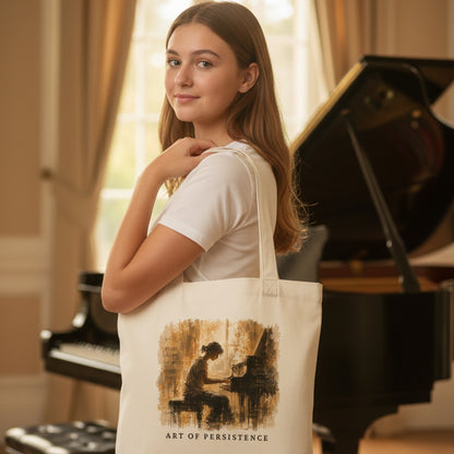 Teen piano student carrying the Art of Becoming cream canvas tote bag in an elegant music room.