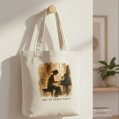 Cream canvas piano tote bag hanging on a wooden wall hook in warm afternoon light, featuring the Art of Becoming artwork.