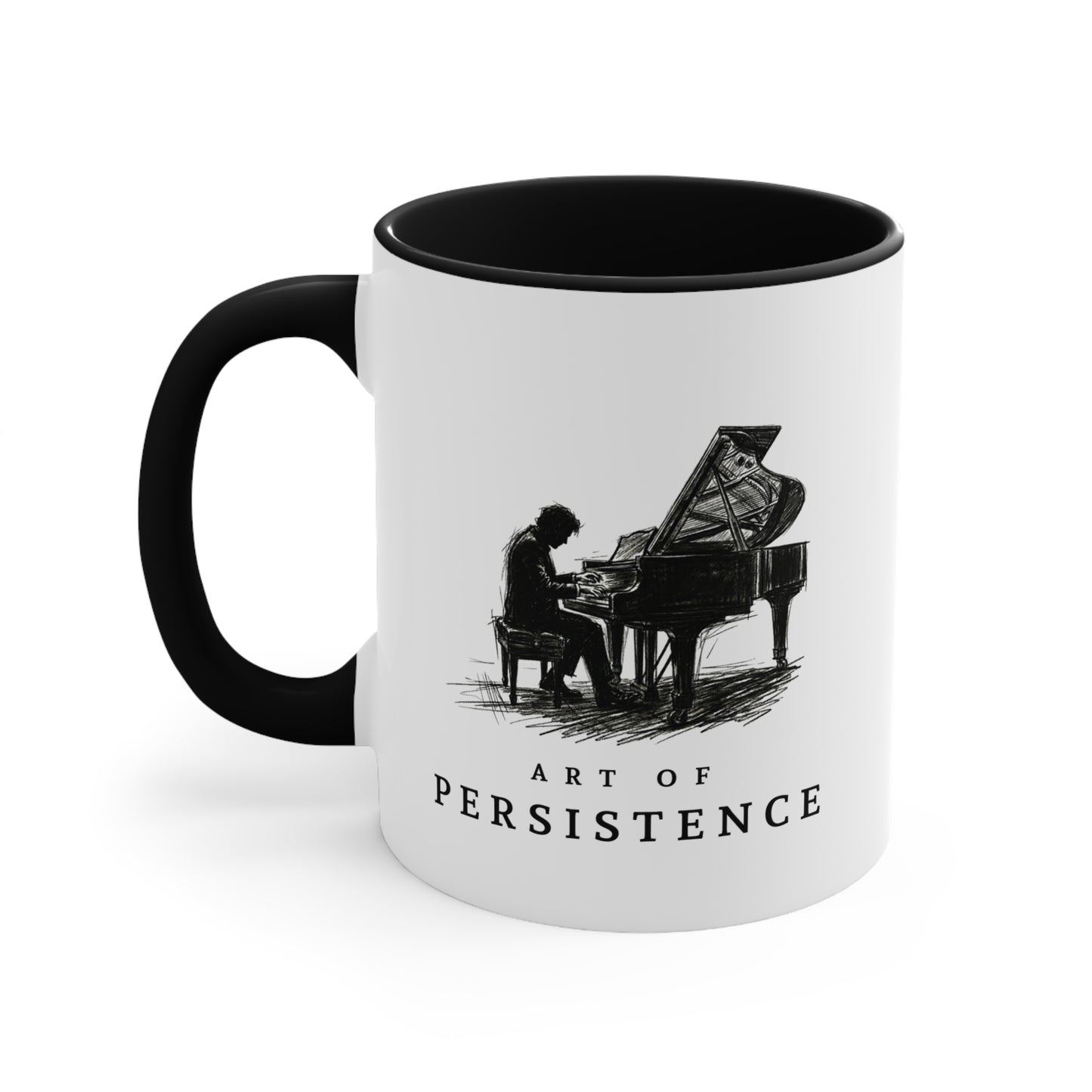 Left view of The Aspiring Pianist piano mug showing the sketch-style pianist artwork.