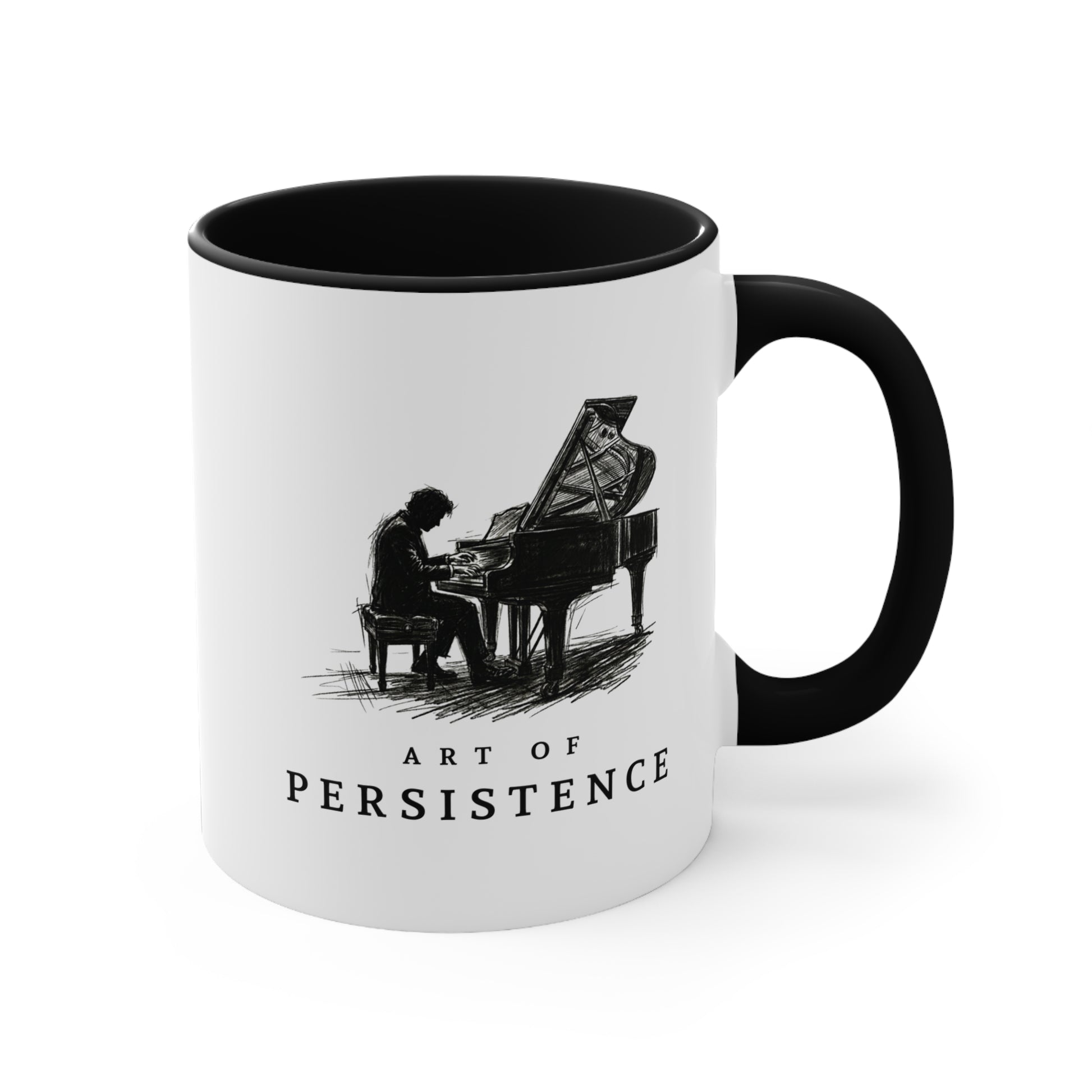 Right view of The Aspiring Pianist piano mug showing the double-sided artwork.