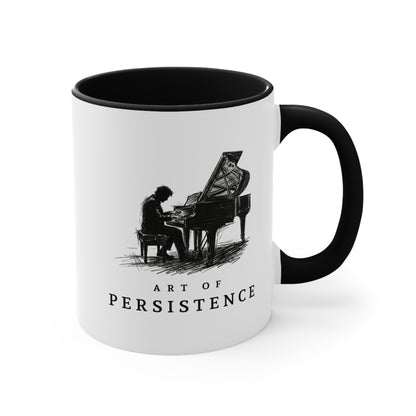 Right view of The Aspiring Pianist piano mug showing the double-sided artwork.