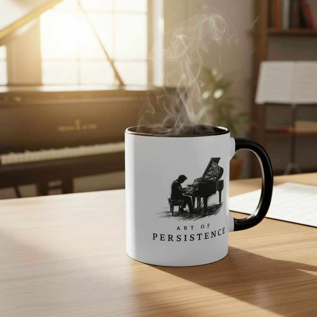 The Aspiring Pianist piano mug on a desk beside a grand piano with rising steam.