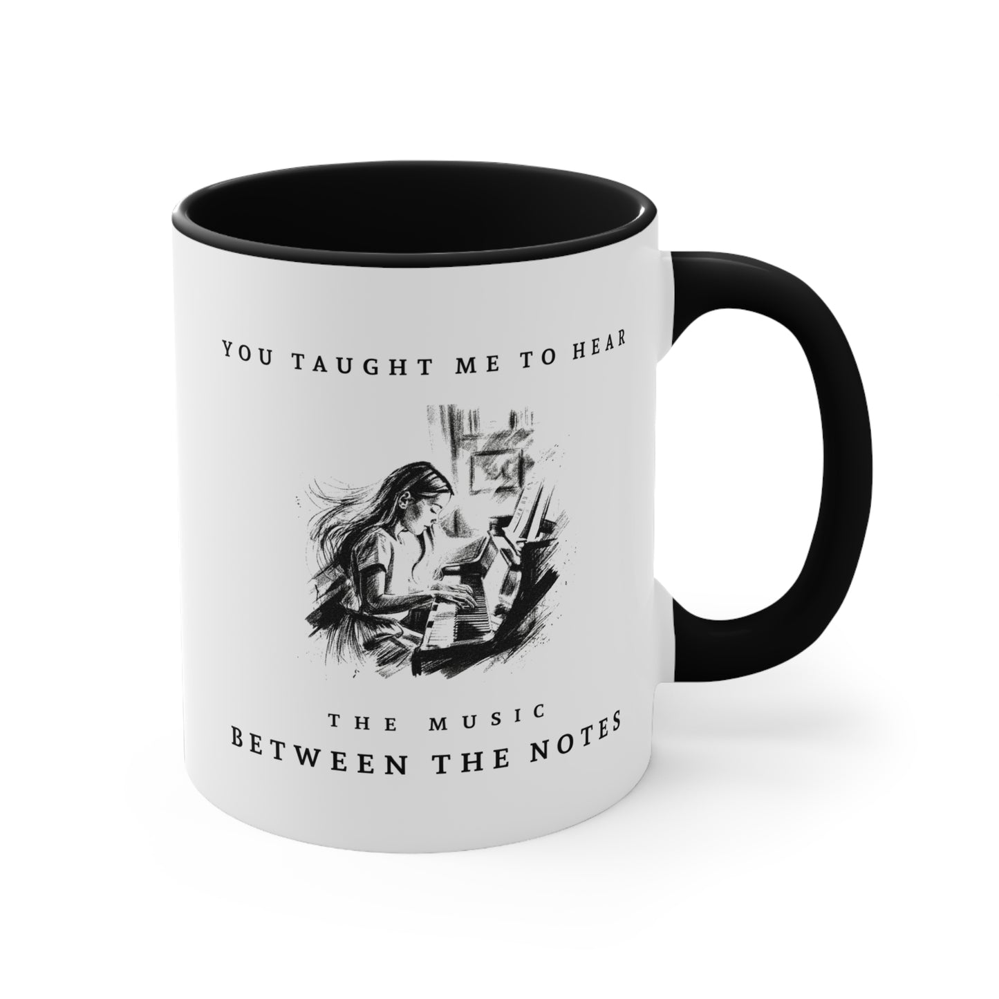 Right view of The Music Between the Notes I piano mug featuring monochrome artwork and inspirational typography.