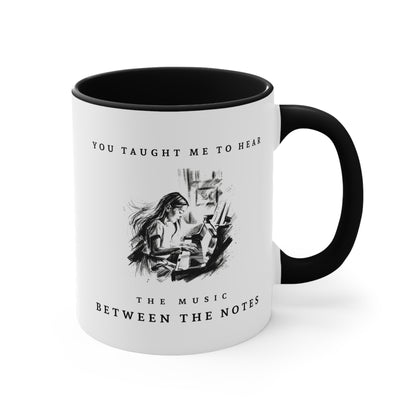 Right view of The Music Between the Notes I piano mug featuring monochrome artwork and inspirational typography.
