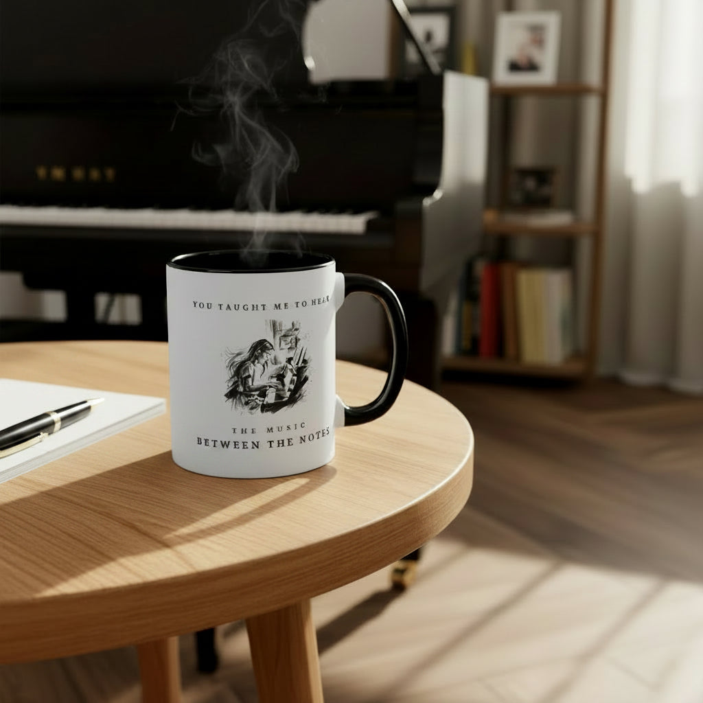 The Music Between the Notes I piano mug resting on a table beside a grand piano in a warm music studio.