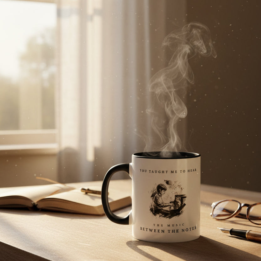 The Music Between the Notes II piano mug resting on a sunlit desk beside an open notebook, pen and glasses with steam rising from the mug.