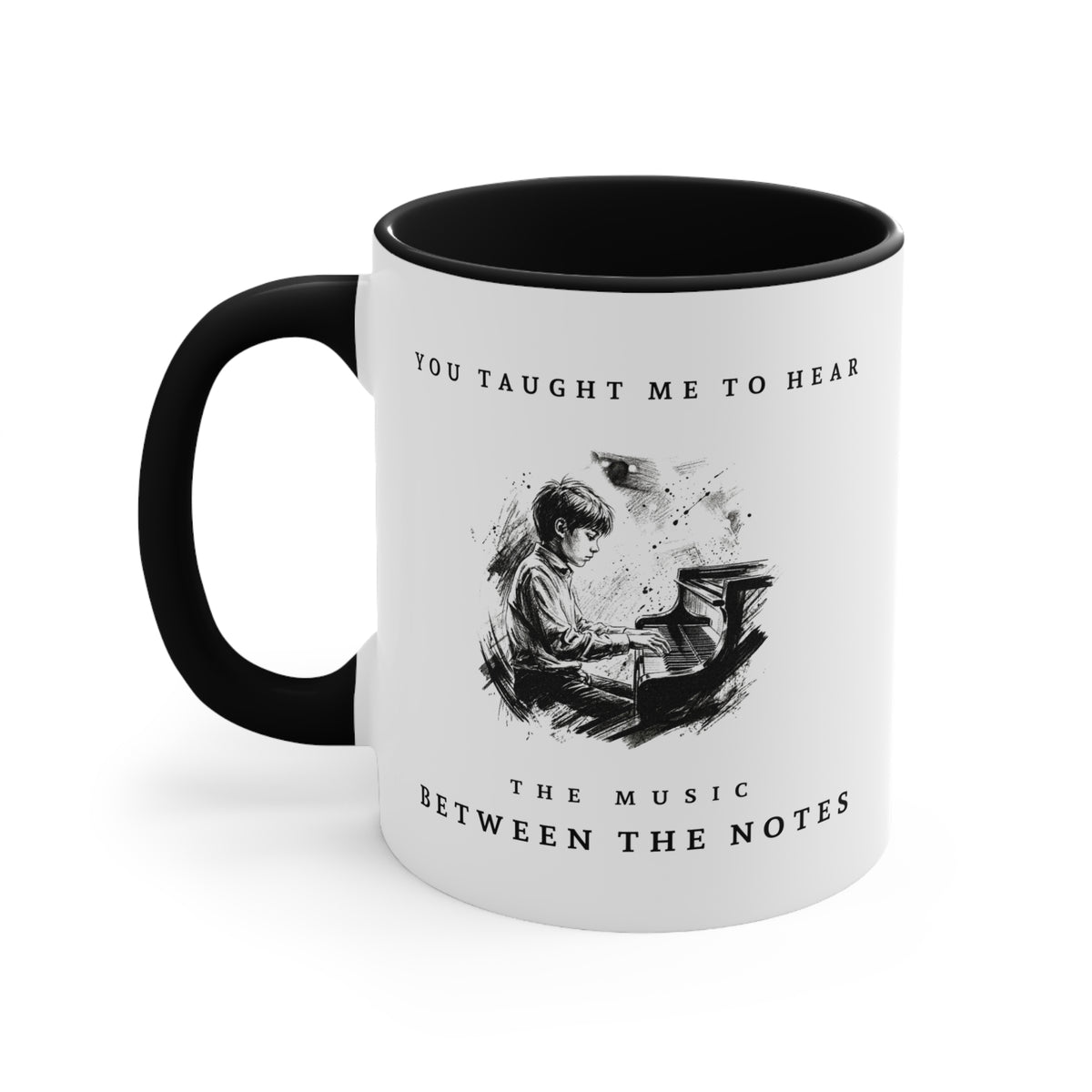 Left view of The Music Between the Notes II piano mug featuring monochrome artwork of a young pianist and inspirational typography.