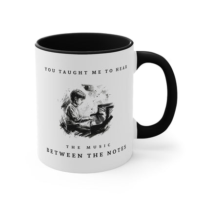Right view of The Music Between the Notes II piano mug featuring monochrome artwork of a young pianist and inspirational typography.