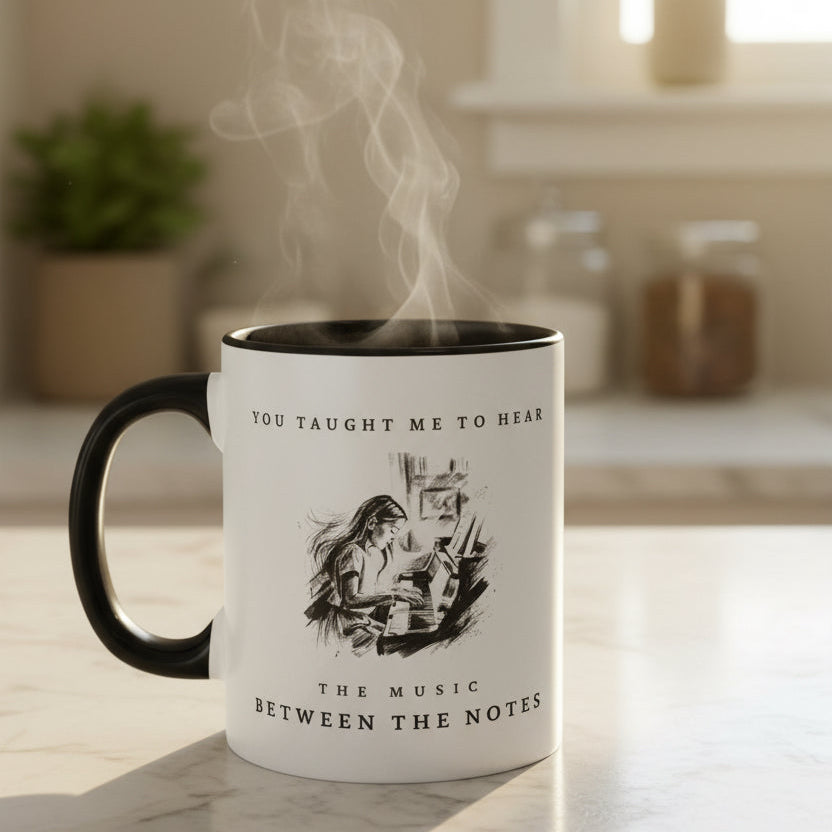 The Music Between the Notes I piano mug with rising steam on a bright kitchen bench in warm morning light.