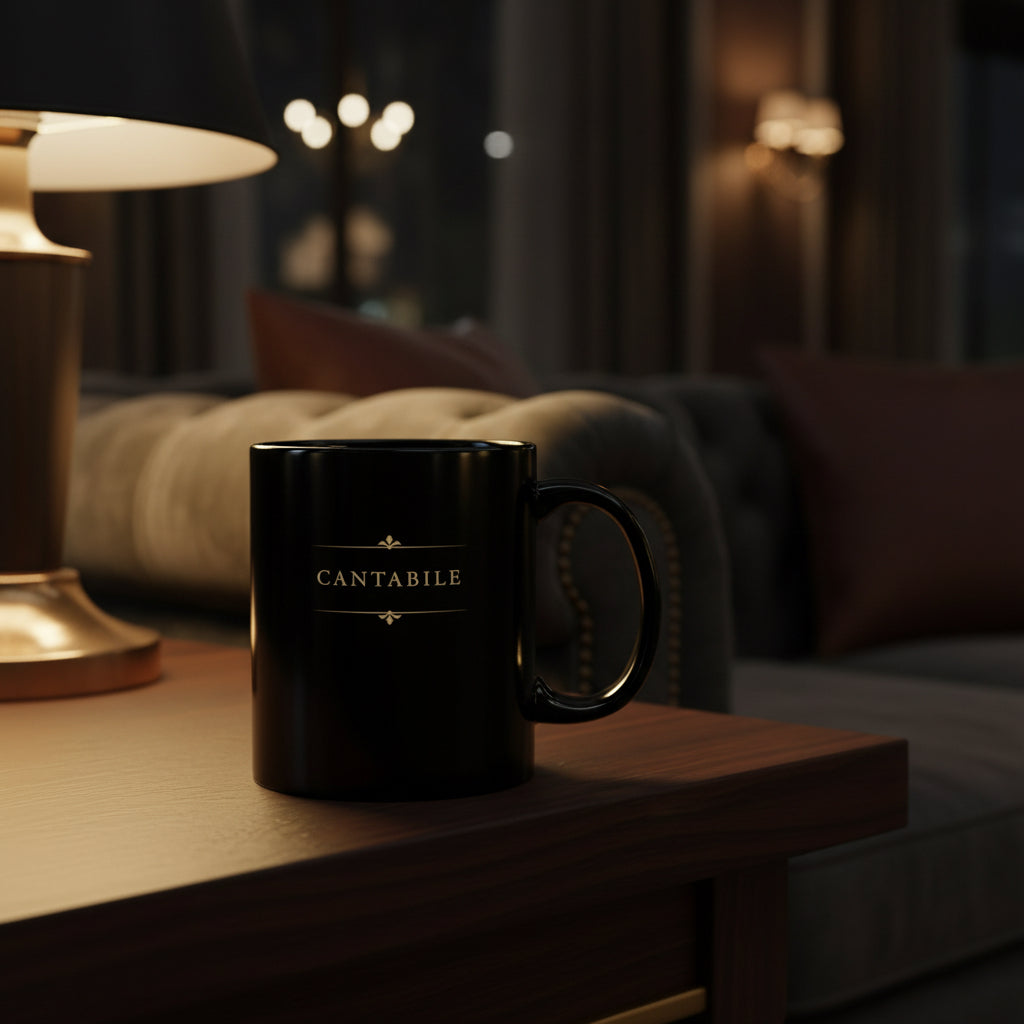 Cantabile black piano mug styled on a table in an elegant interior