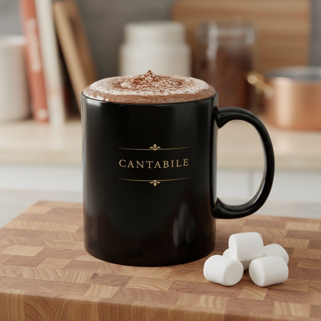 Cantabile black piano mug with a warm drink on a wooden kitchen bench