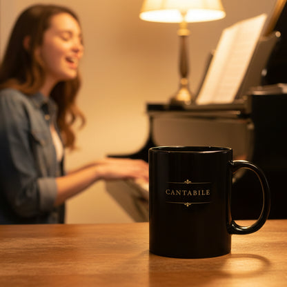 Cantabile black piano mug beside a woman singing while playing the piano