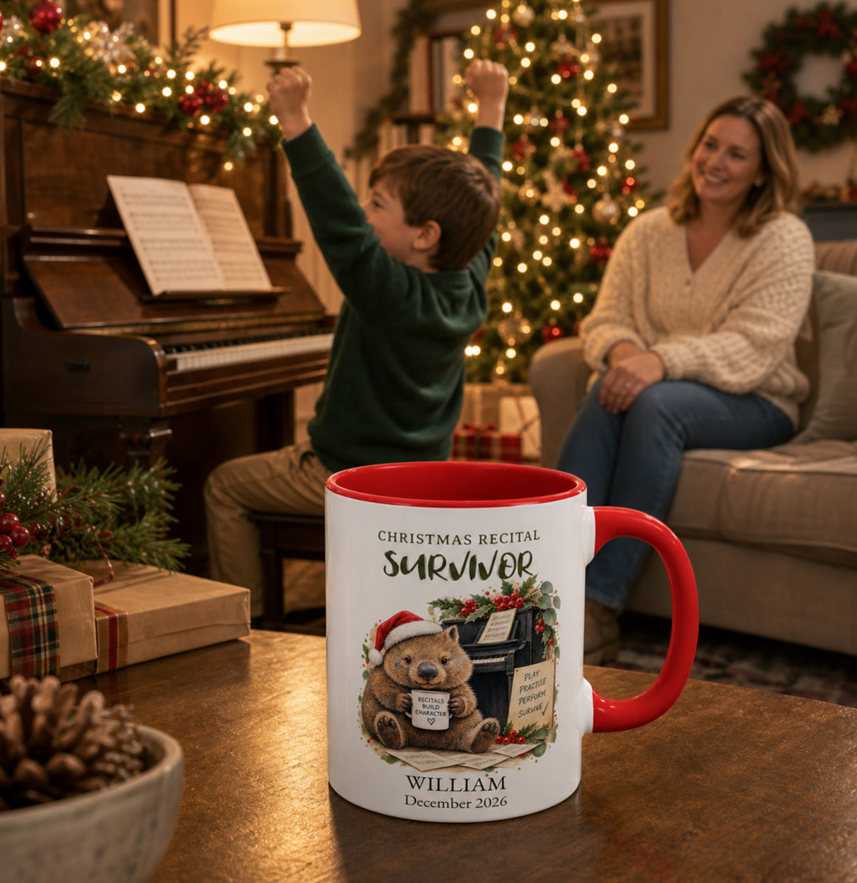 Christmas Recital Survivor wombat mug in a festive home with a young piano student celebrating after playing at the piano.