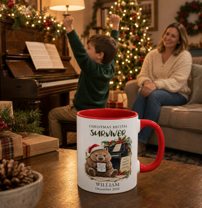 Christmas Recital Survivor wombat mug in a festive home with a young piano student celebrating after playing at the piano.