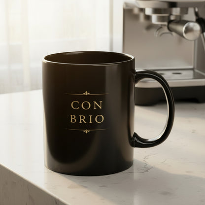 Con Brio black piano mug beside a coffee machine on a bright kitchen bench