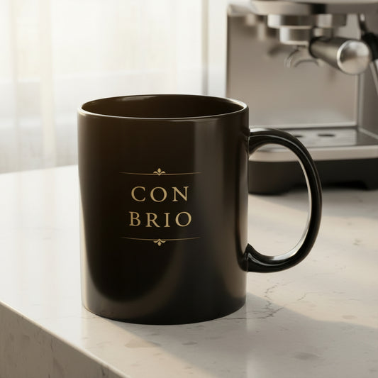 Con Brio black piano mug beside a coffee machine on a bright kitchen bench