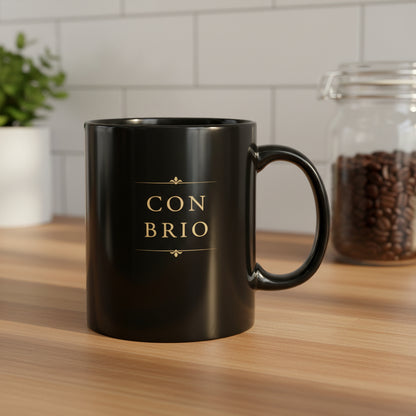 Con Brio black piano mug styled on a wooden kitchen bench