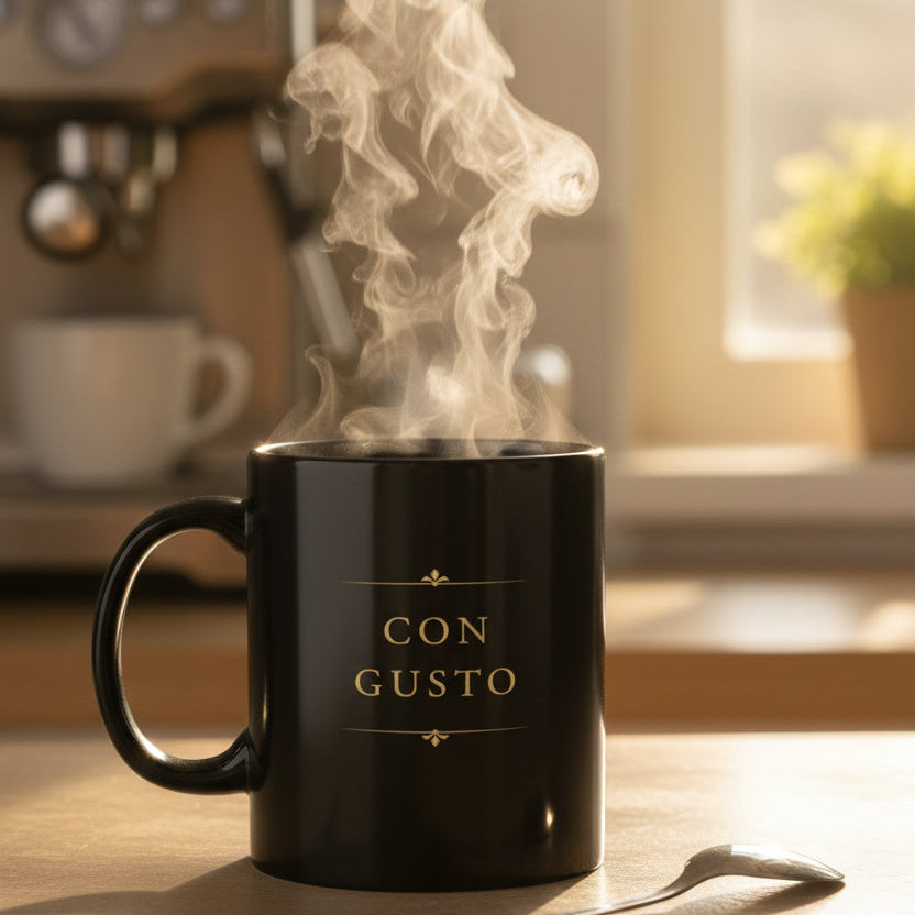 Con Gusto black piano mug with steaming coffee in a warm kitchen setting
