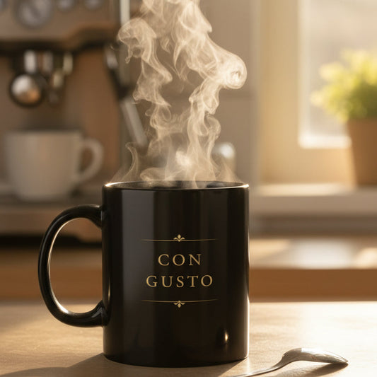 Con Gusto black piano mug with steaming coffee in a warm kitchen setting