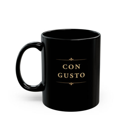 Con Gusto black piano mug with handle on the left