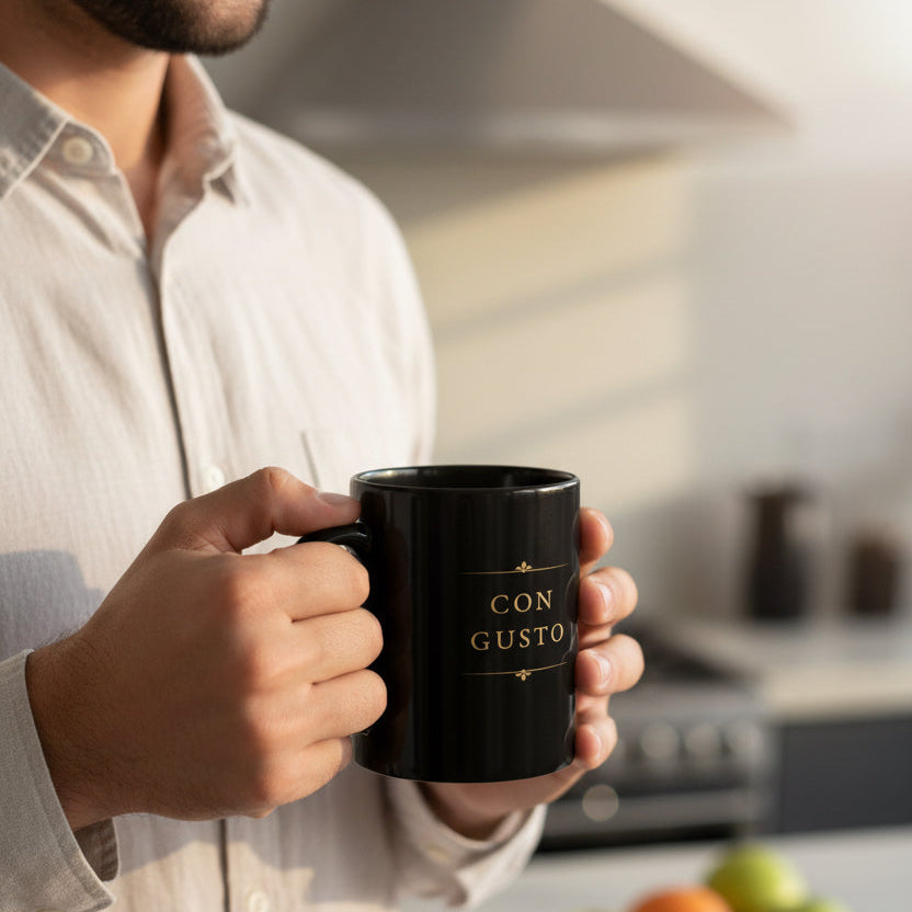 Man holding a Con Gusto black piano mug at home