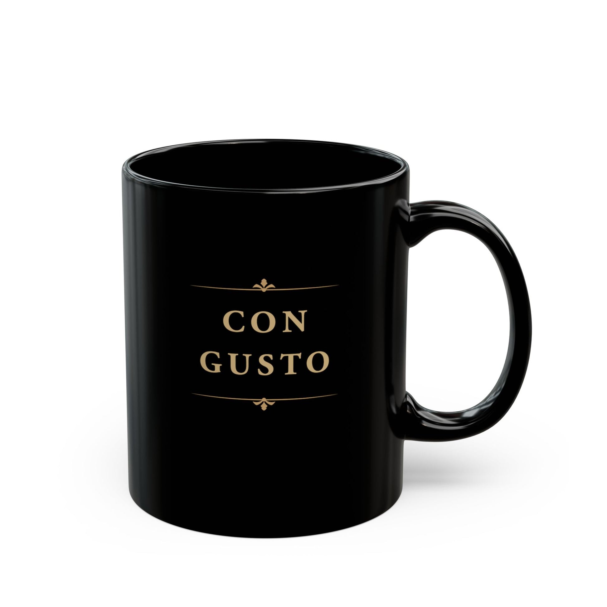 Con Gusto black piano mug with handle on the right