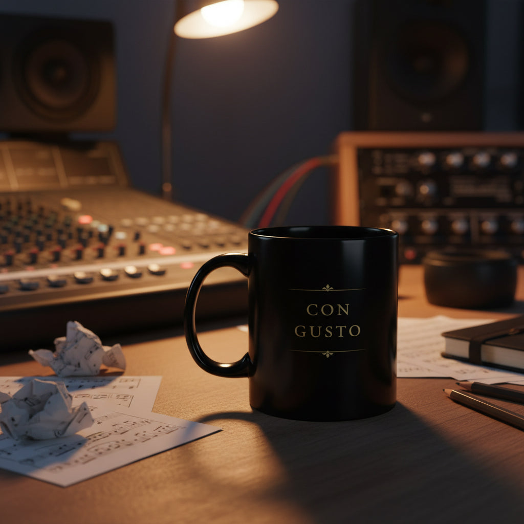 Con Gusto black piano mug on a desk in a music studio
