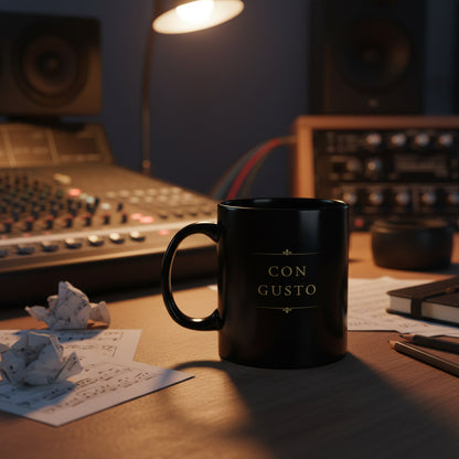 Con Gusto black piano mug on a desk in a music studio
