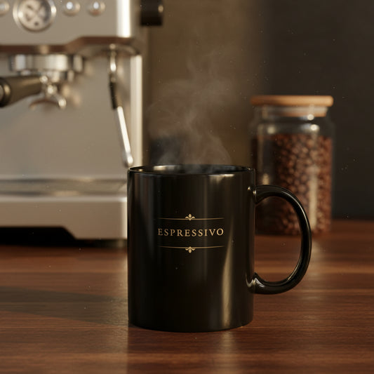 Espressivo black piano mug with steaming coffee beside an espresso machine