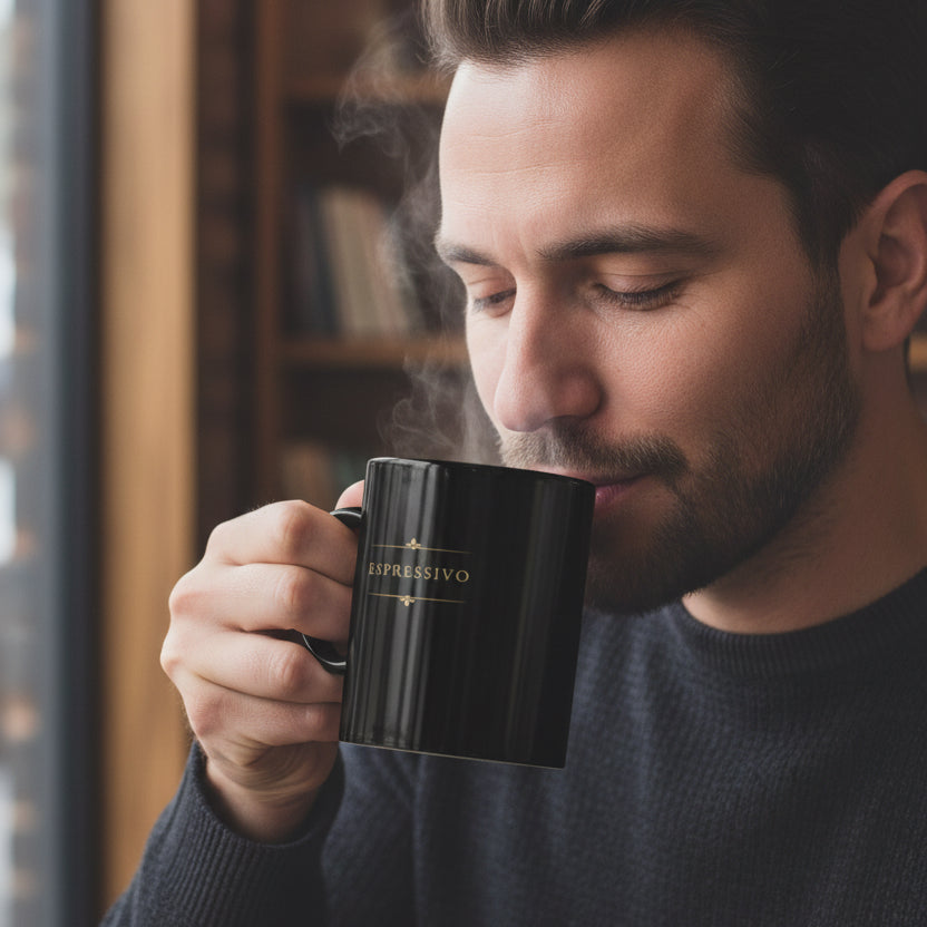 Man enjoying coffee from an Espressivo black piano mug