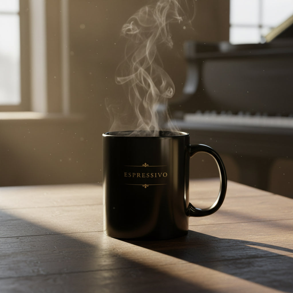 Espressivo black piano mug with steaming coffee beside a piano