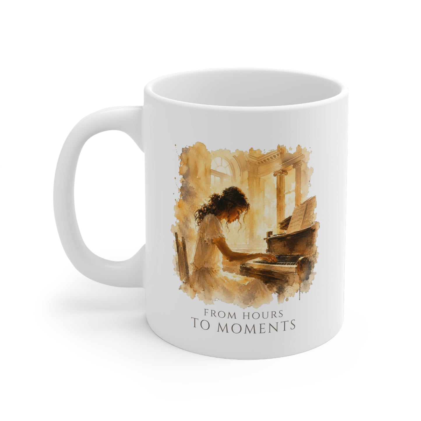 Left-side view of the From Hours to Moments piano mug featuring warm painterly piano artwork.