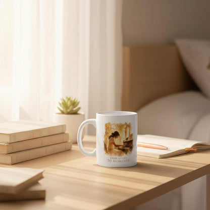 From Hours to Moments piano mug styled on a bedside table beside books and a journal.